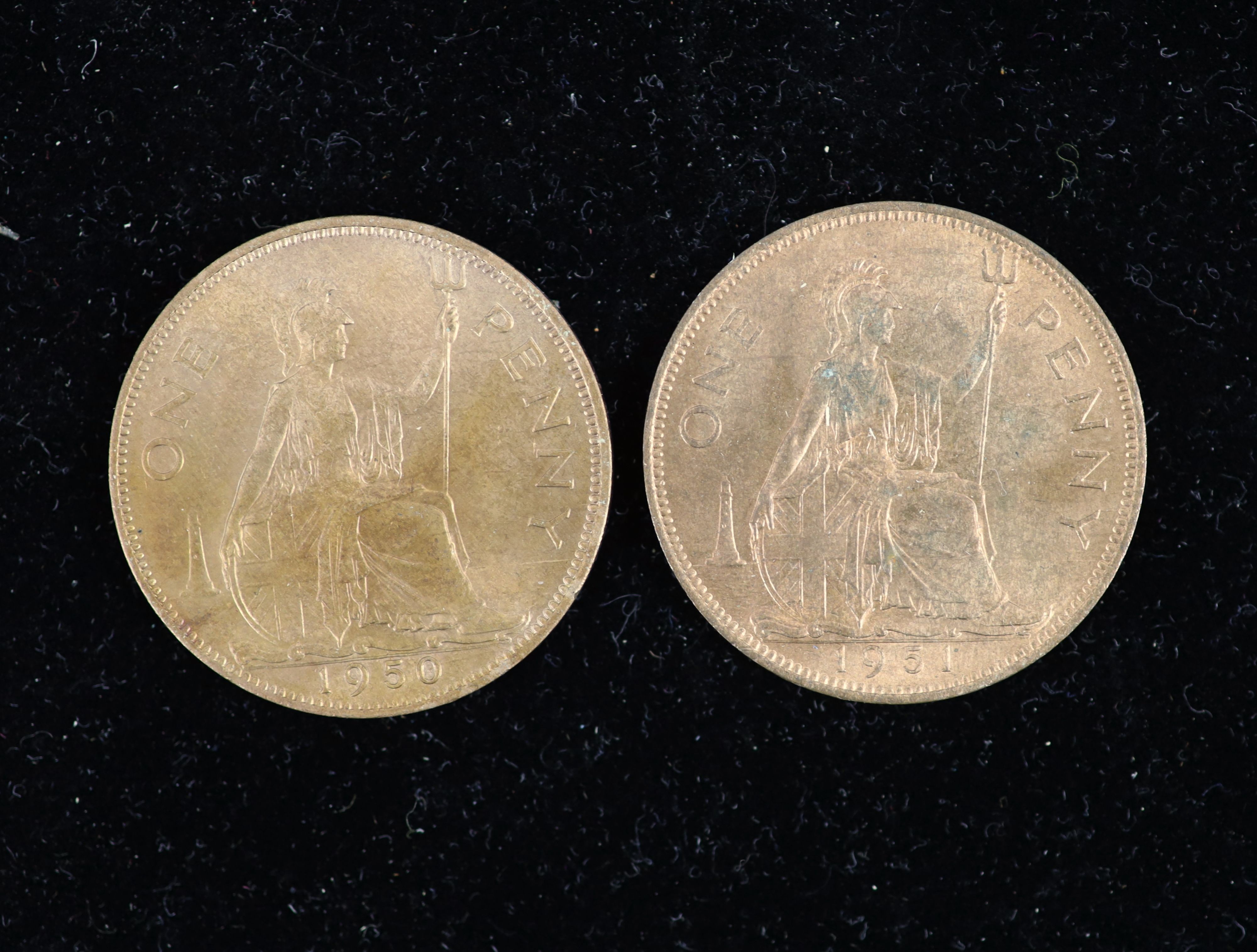 George VI specimen coin sets for 1950 and 1951, second issue, including 1950 threepence, aUNC, 1951 threepence and penny, both EF